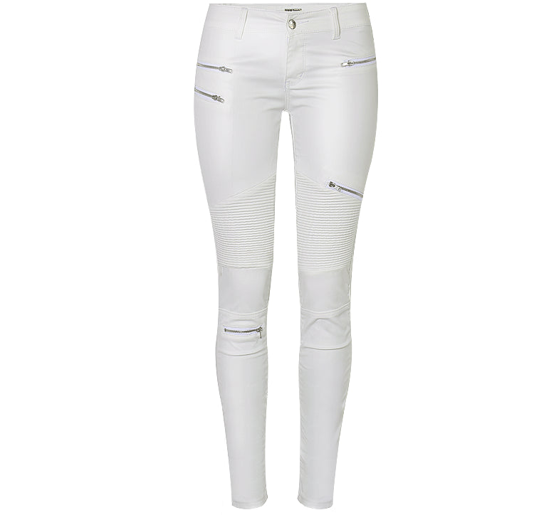 "Lola" White Faux Leather Zippered Knee Pencil Pants with edgy design and modern fit.
