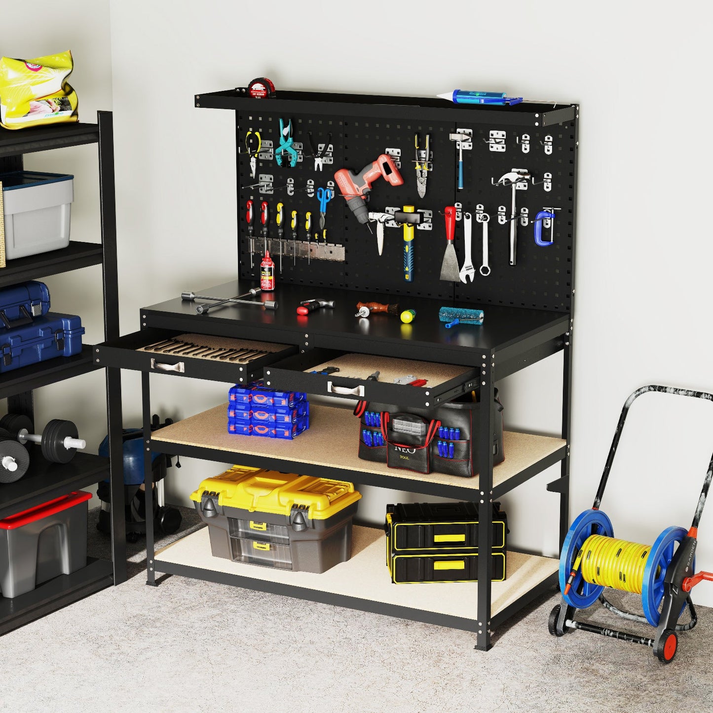 48 x 24 Inch Workbench Work Table with 3 PCs Pegboard Drawer and Shelves-Black featuring ample storage and tools displayed