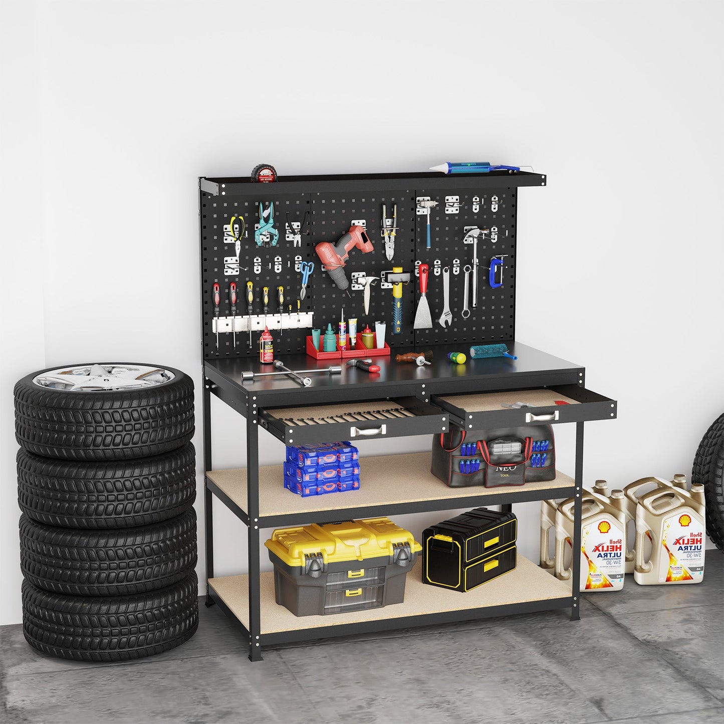 48 x 24 Inch Workbench Work Table with 3 PCs Pegboard Drawer and Shelves-Black in garage setup with tools and storage