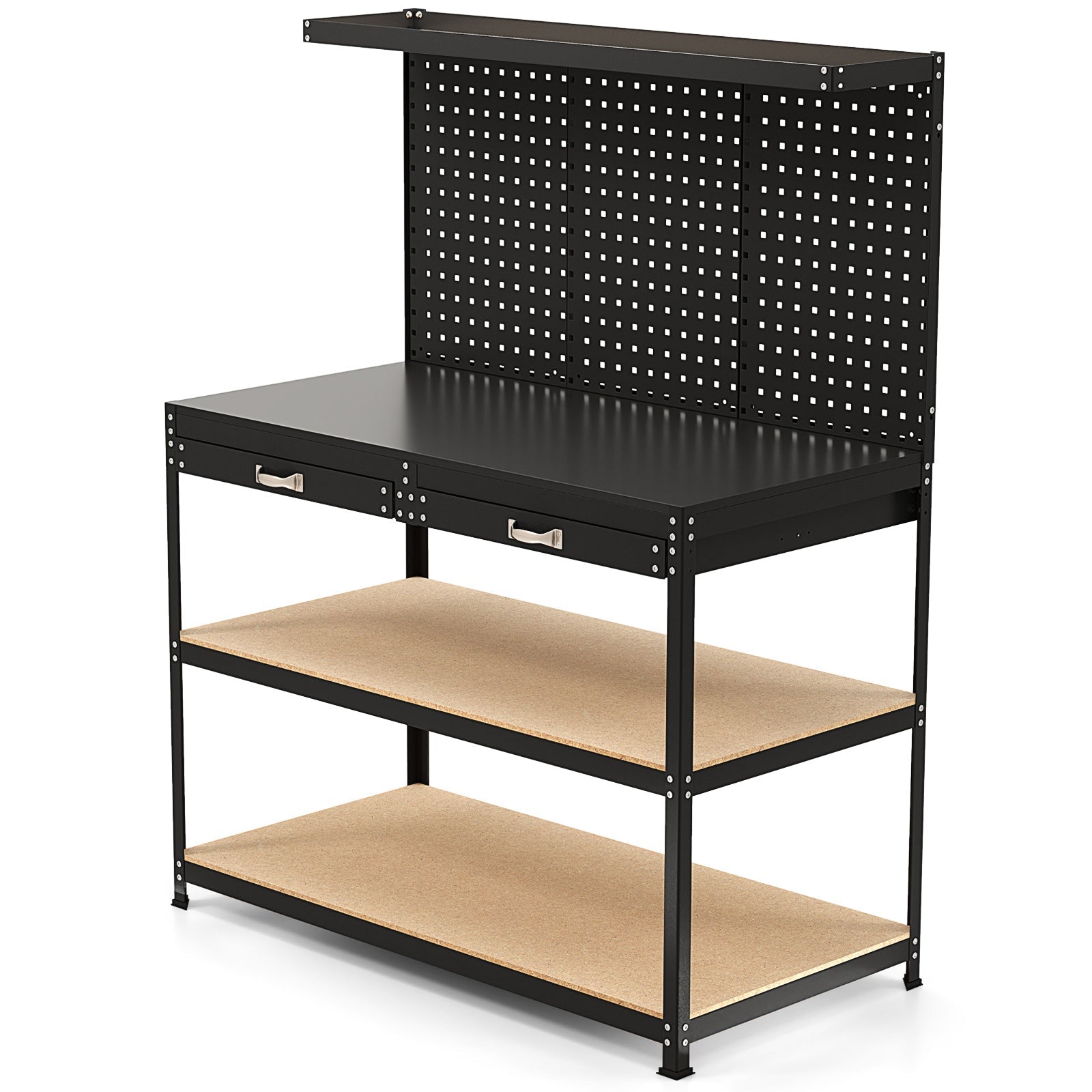 48 x 24 Inch Workbench Work Table with 3 PCs Pegboard Drawer and Shelves-Black with heavy-duty metal frame and storage options