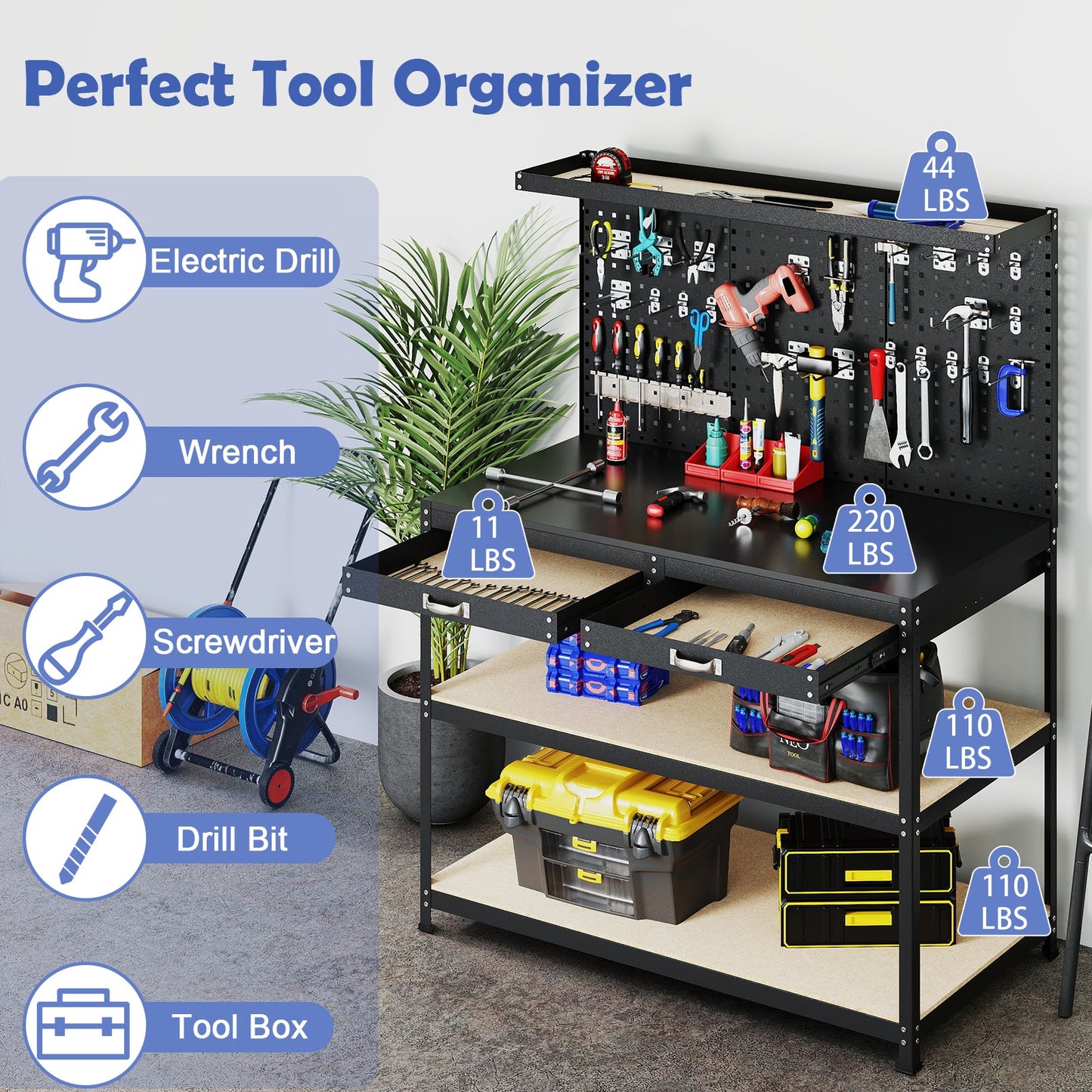 48 x 24 Inch Workbench Work Table with 3 PCs Pegboard Drawer and Shelves-Black featuring tools and storage options
