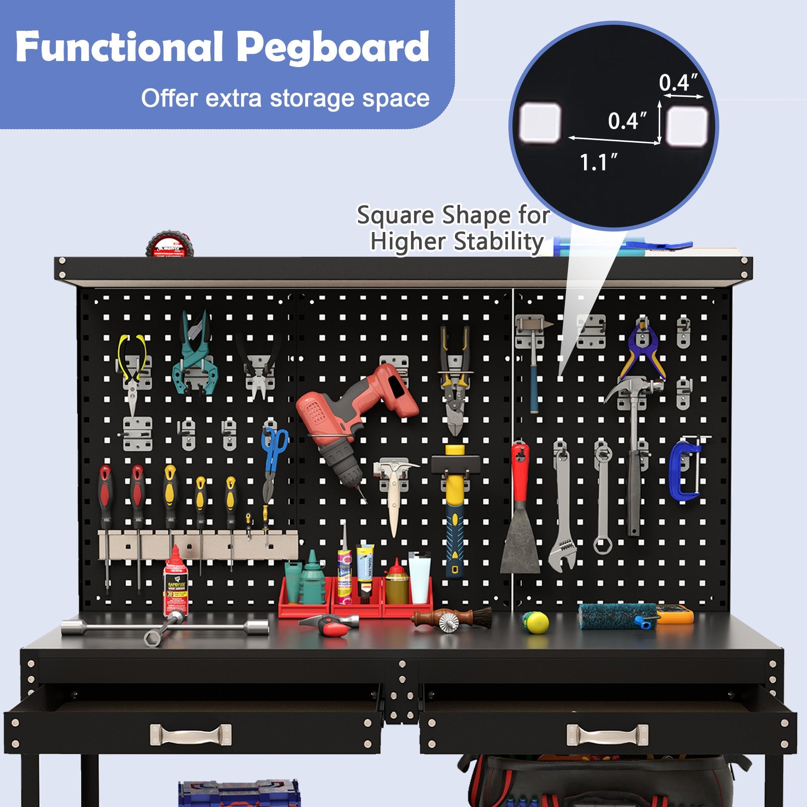 48 x 24 Inch Workbench Work Table with 3 PCs Pegboard Drawer and Shelves-Black showcasing tools organized on pegboard