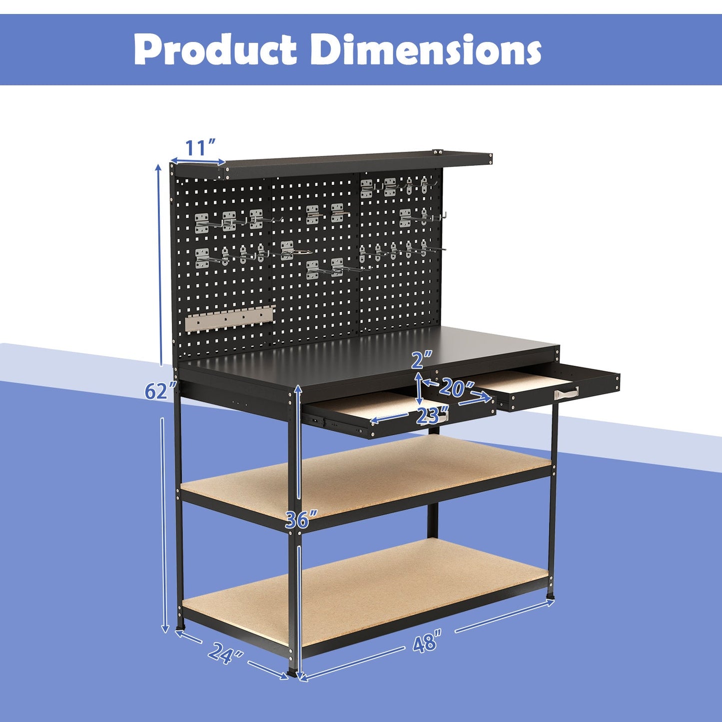 Product dimensions of 48 x 24 Inch Workbench Work Table with 3 PCs Pegboard Drawer and Shelves-Black