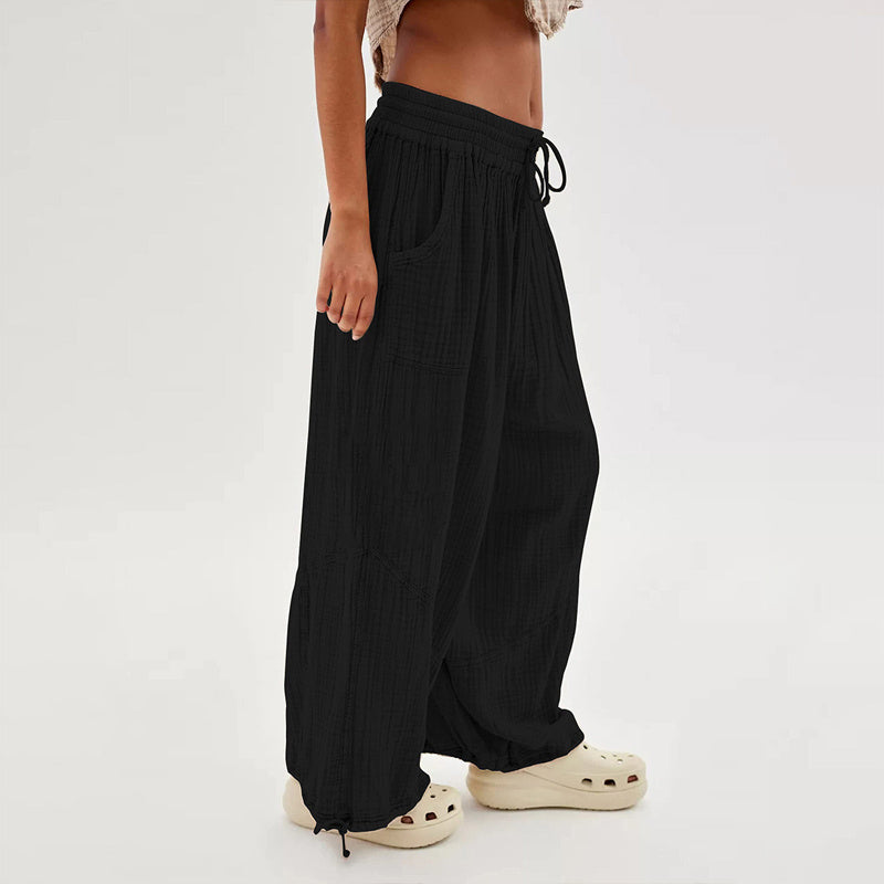 Women’s Solid Color Wide Leg Pants – Elastic Drawstring Waist and Side Pockets