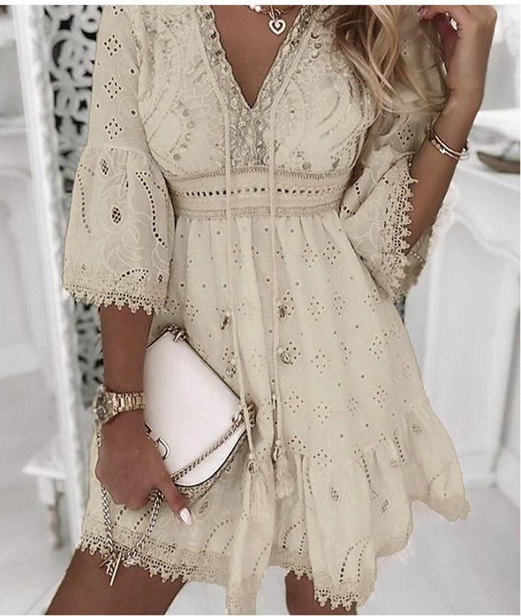 Lace Embroidered Romance Dress - Sweet and Fresh Floral Cotton Dress for Women with delicate floral details and tassels.