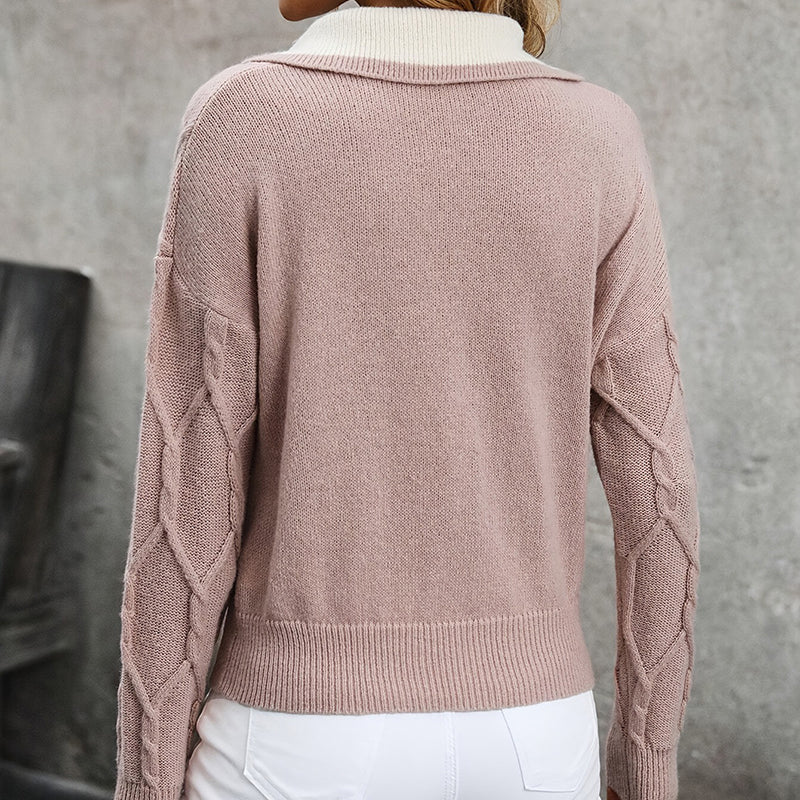 🧶 Women’s Lapel V-Neck Color-Block Long-Sleeve Pullover Sweater