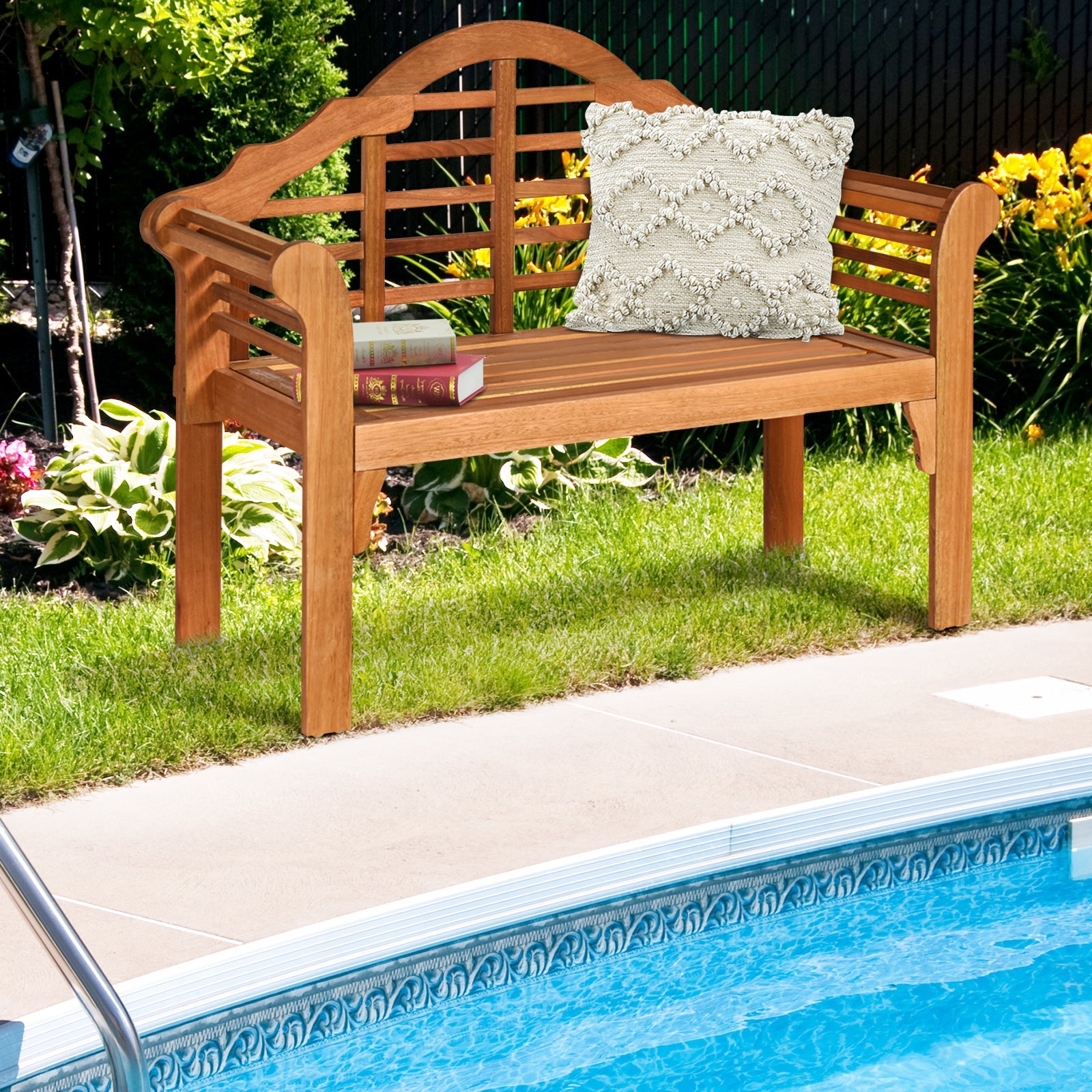 49 Inch Eucalyptus Wood Outdoor Folding Bench with Backrest Armrest by poolside
