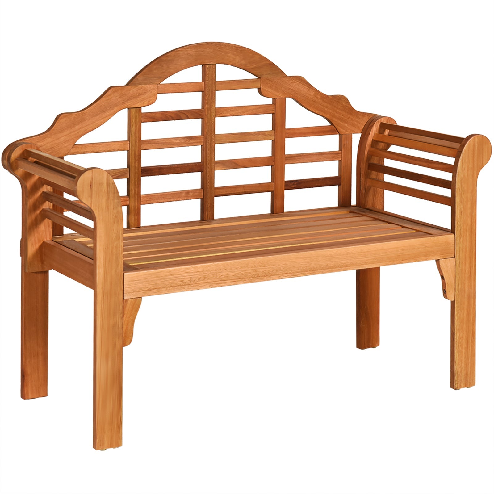 49 Inch Eucalyptus Wood Outdoor Folding Bench with Backrest Armrest for Patio Garden, perfect for seating 2 in style and comfort on patio.