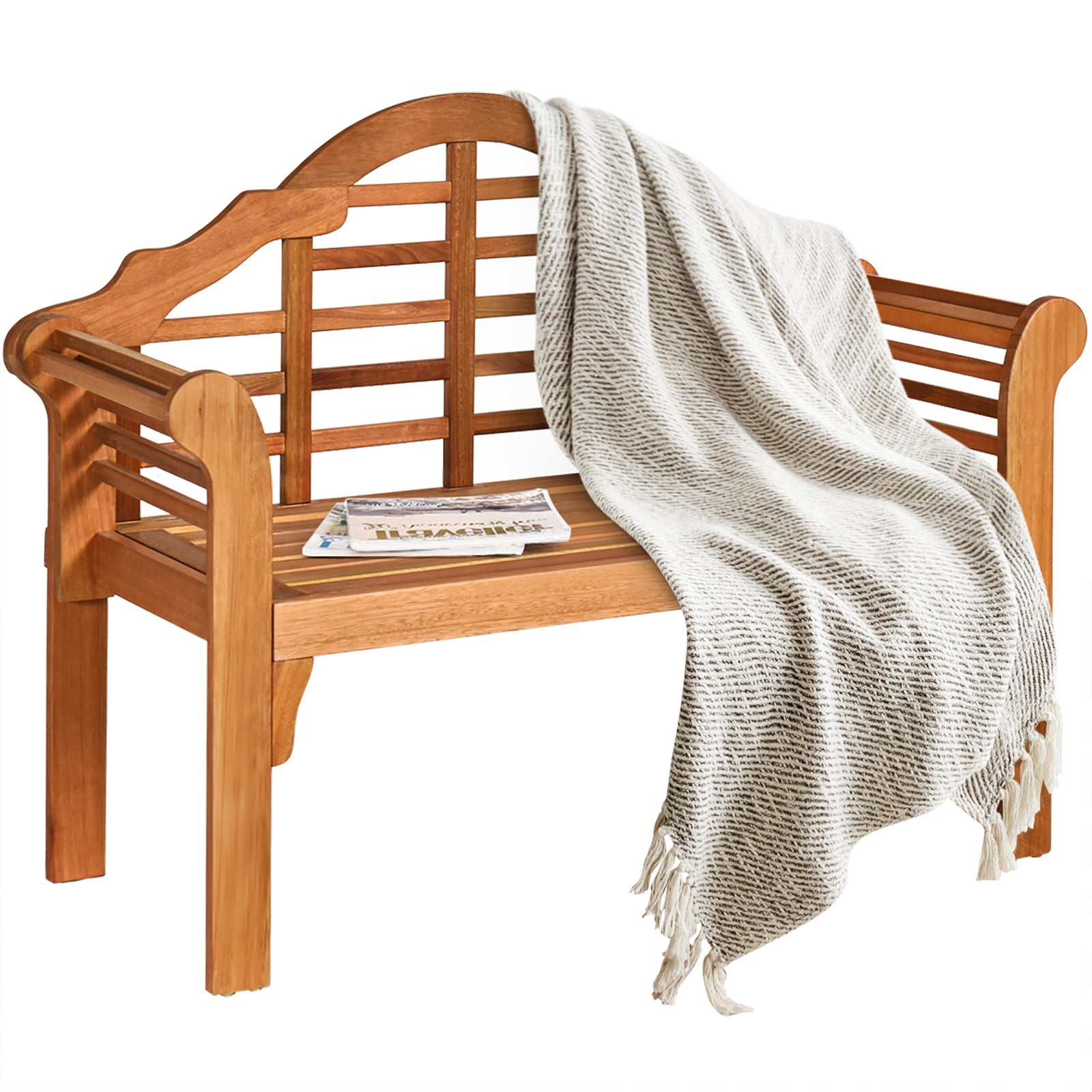 49 Inch Eucalyptus Wood Outdoor Folding Bench with Backrest Armrest for Patio Garden on display with a cozy throw blanket