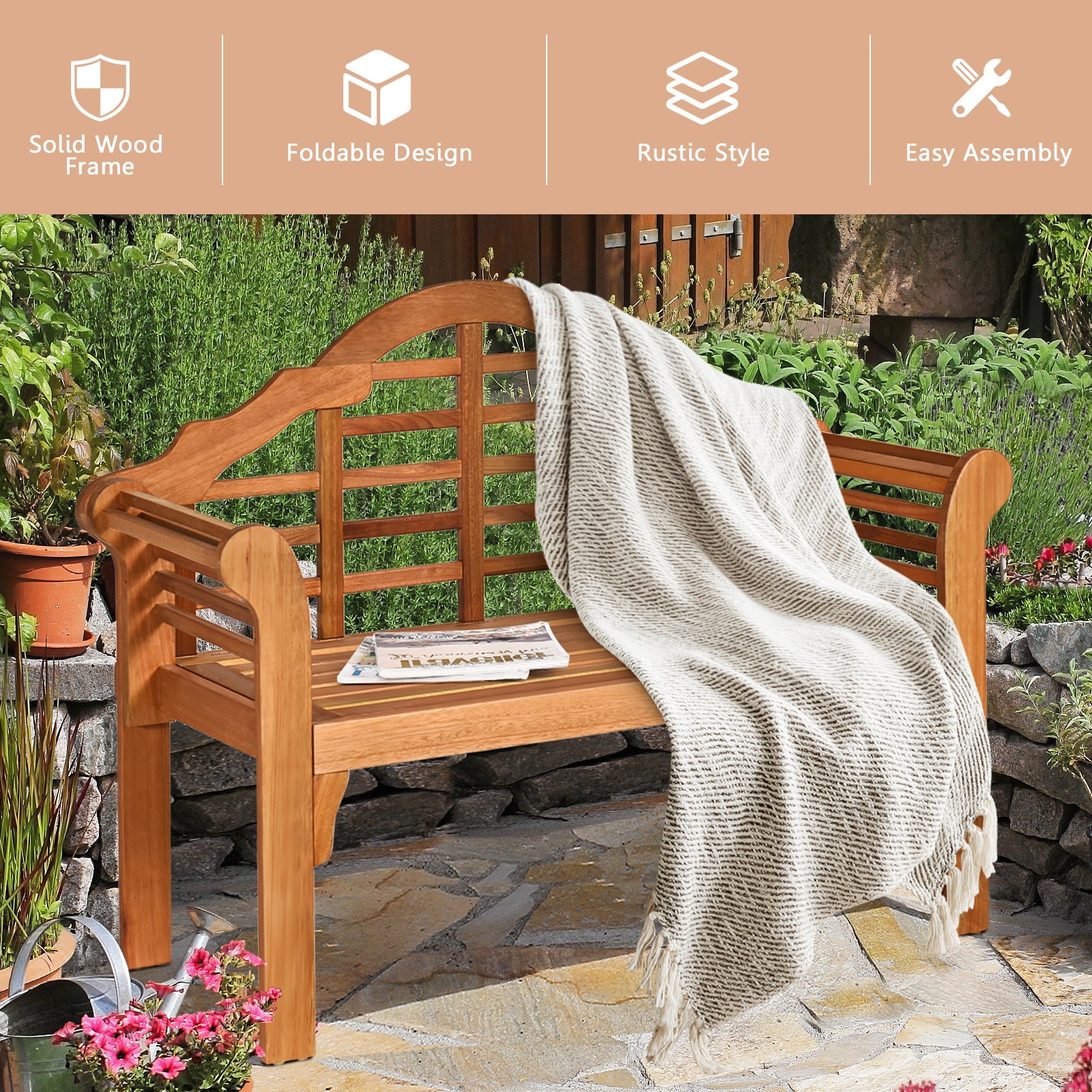 49 Inch Eucalyptus Wood Outdoor Folding Bench with Backrest Armrest for Patio Garden by wood fence