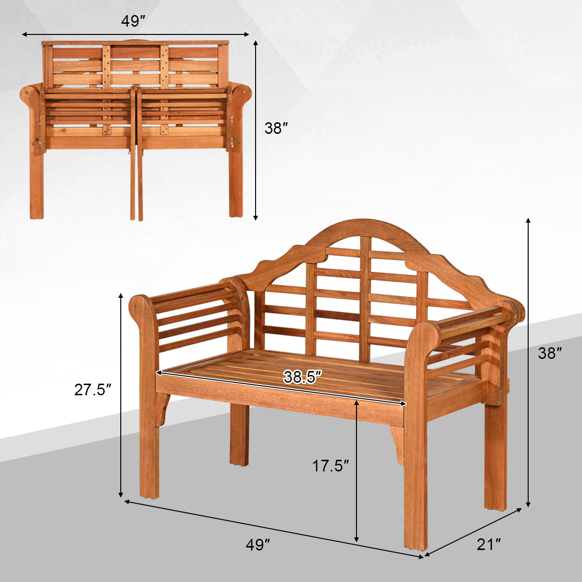 49 Inch Eucalyptus Wood Outdoor Folding Bench with Backrest Armrest for Patio Garden dimensions