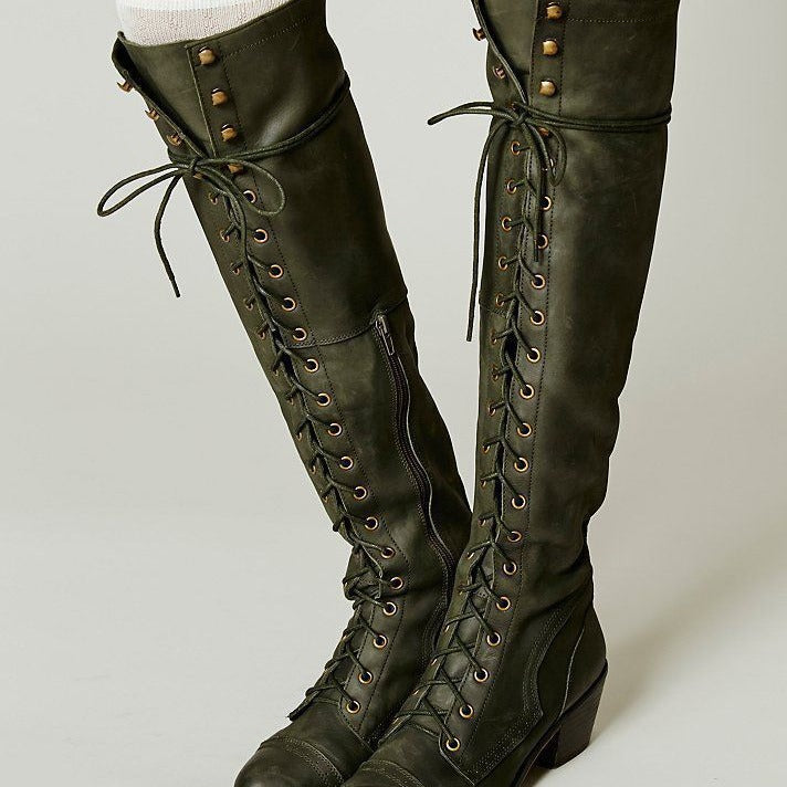Women’s Over-the-Knee Boots – Round Toe Stylish Tall Winter Boots in dark green with laces, showcasing a classic and fashionable design.
