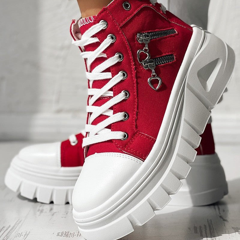 Red Muffin Heel Side-Zipper Sneakers for Women with chunky laces and heart-shaped zipper pulls, perfect for casual comfort style.