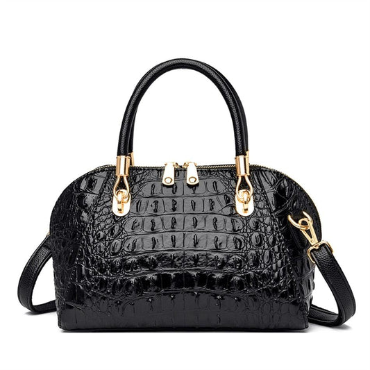 Crocodile Pattern Messenger Shoulder Bag – Stylish Cowgirl Bag for Any Occasion, sleek black design with gold accents.