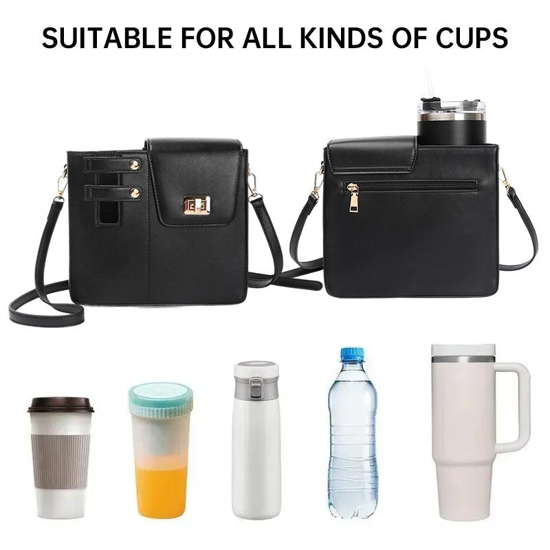 VersaStyle Crossbody Handbags showcasing versatility with various cup sizes, featuring sleek black design and adjustable strap.