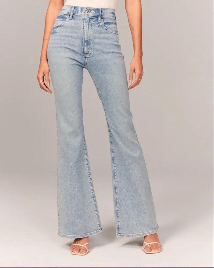 Retro Cowgirl High Waist Denim Jeans - Stylish Micro Flared Vintage Denim for Women in Stonewashed Blue