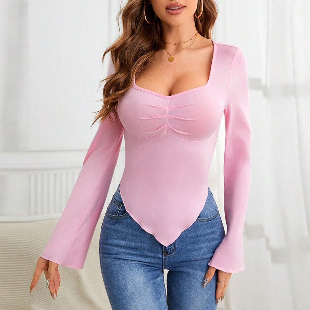 Slim Fit Knitted Long-Sleeved T-Shirt Top | Casual Country Girl Style for Spring & Summer in solid pink fitted design for women