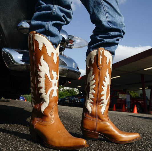 Rising Phoenix Cowgirl Boots - Stylish Cowboy Boots for Trendy Women with Phoenix embellishment and pointed toe in outdoor setting