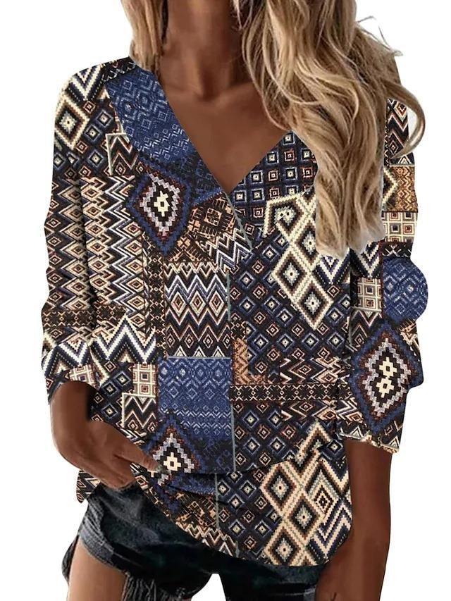 Boho Western V-Neck Long Sleeved Top with Geometric Patterns in blue and orange – Stylish Cowgirl Fashion