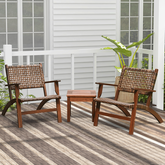 3 Pieces Outdoor Wooden Patio Rattan Furniture Set on a deck with two chairs and a coffee table.