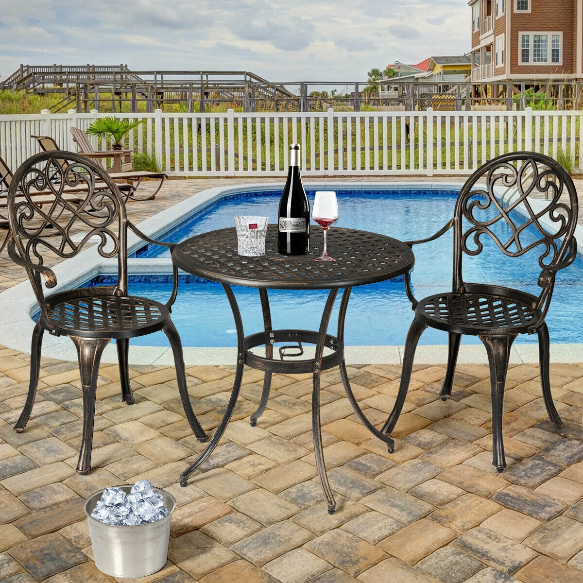 3 Pieces Outdoor Set Patio Bistro with Attached Removable Ice Bucket by poolside
