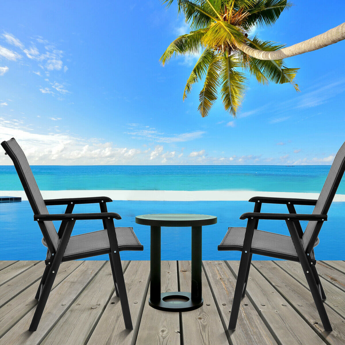 Set of 2 Outdoor Patio Folding Chairs-Gray by the beach, featuring ergonomic armrests and durable fabric for indoor and outdoor use.