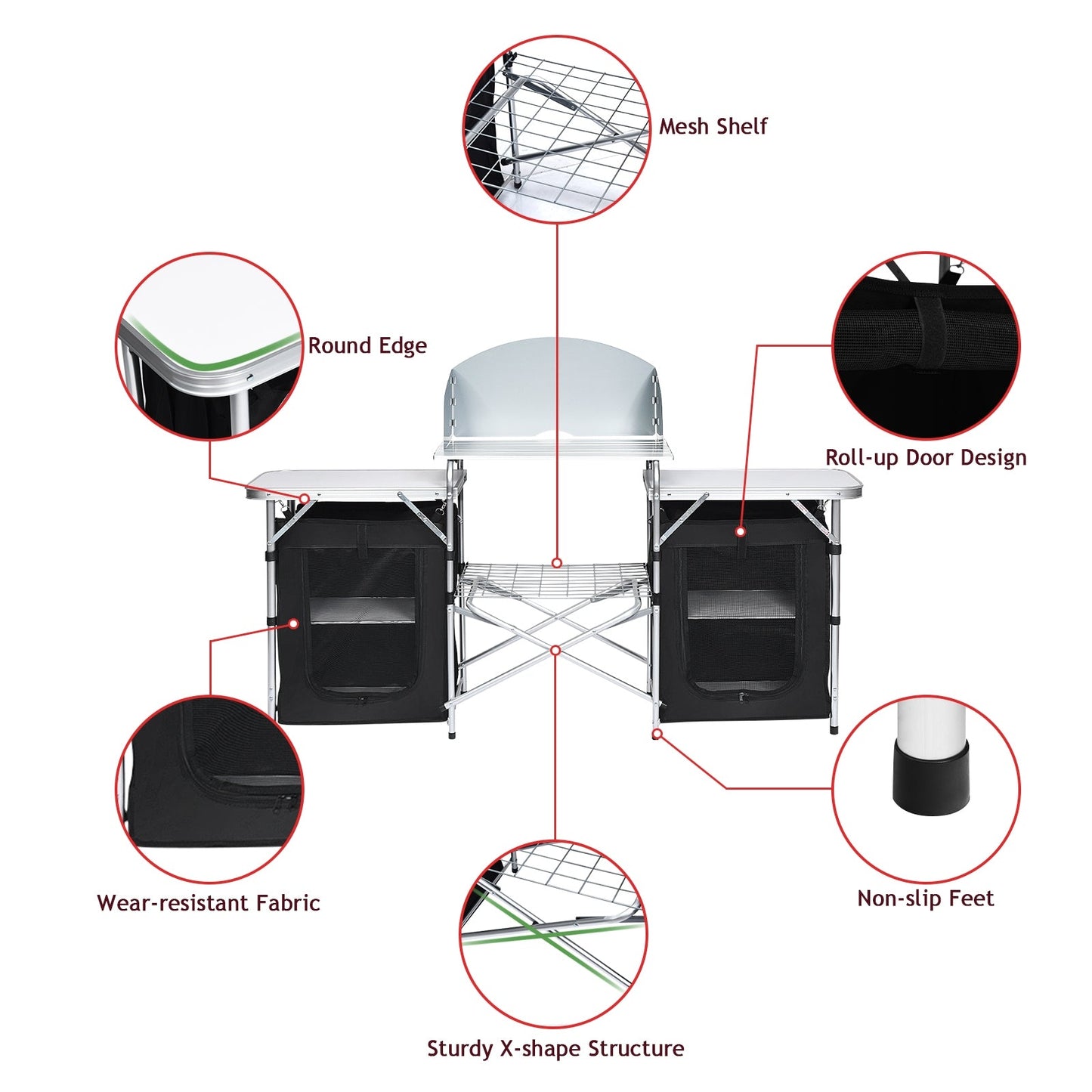 Folding Camping Table with Storage Organizer-Black features mesh shelf, roll-up doors, wear-resistant fabric, sturdy X-shape structure.