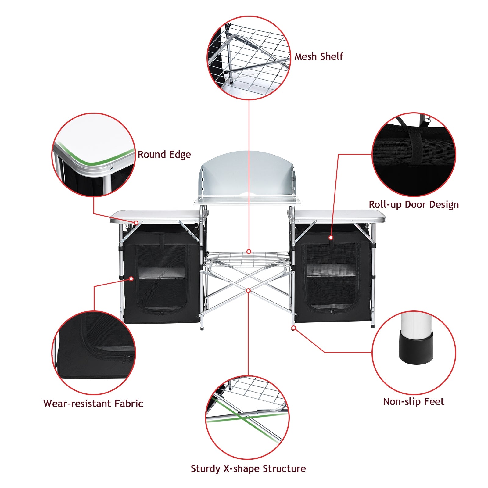 Folding Camping Table with Storage Organizer-Black features mesh shelf, roll-up doors, wear-resistant fabric, sturdy X-shape structure.