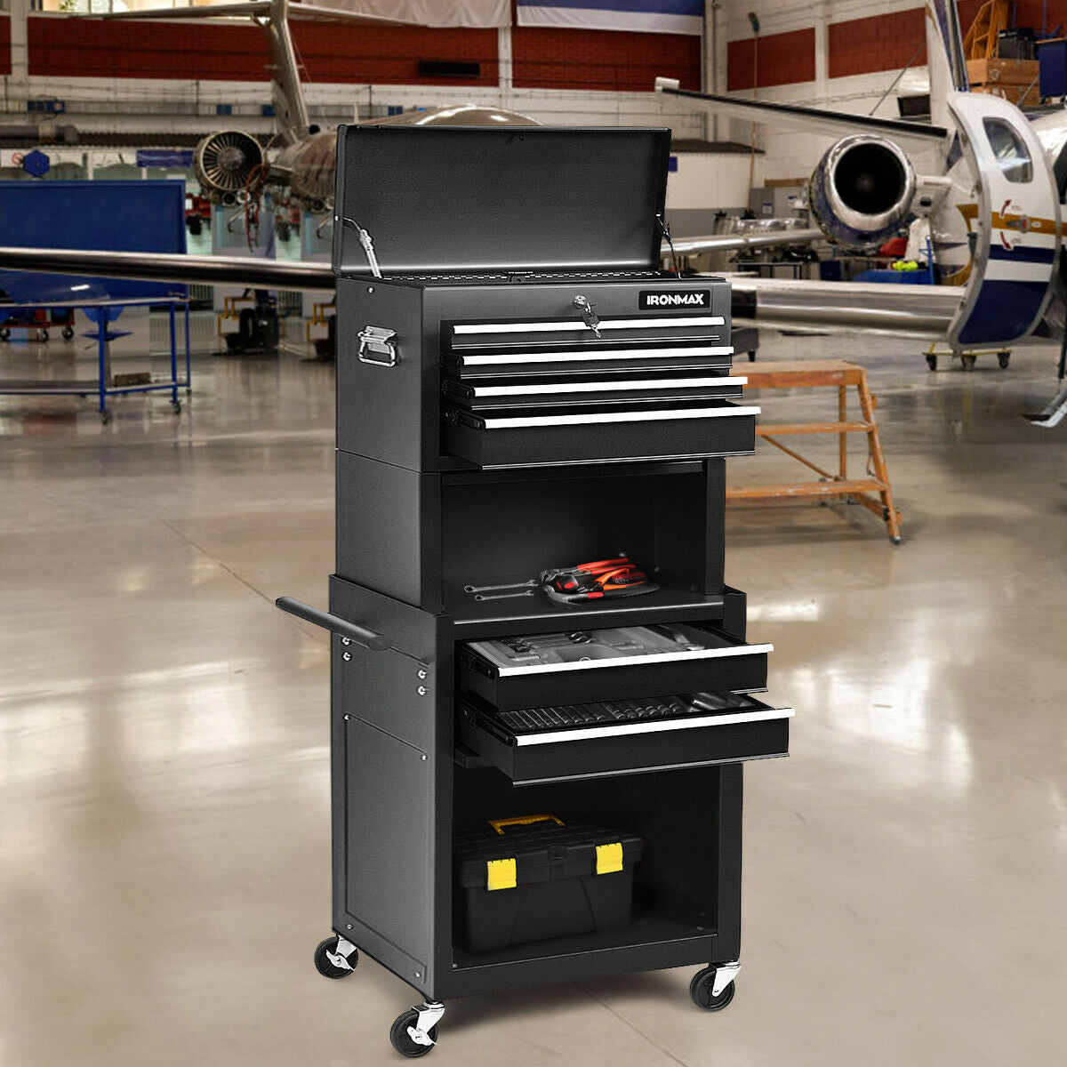 6-Drawer Tool Chest with Heightening Cabinet-Black in workshop setting, showing ample storage with open drawers and portable design.