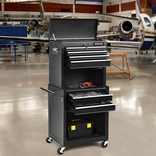 6-Drawer Tool Chest with Heightening Cabinet-Black in workshop setting, showing ample storage with open drawers and portable design.