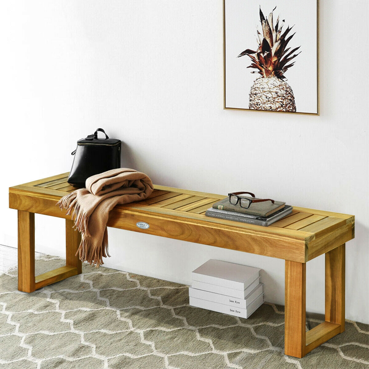 52 Inch Acacia Wood Dining Bench with Slatted Seat, featuring a sturdy, waterproof design perfect for outdoor patios and indoor spaces.