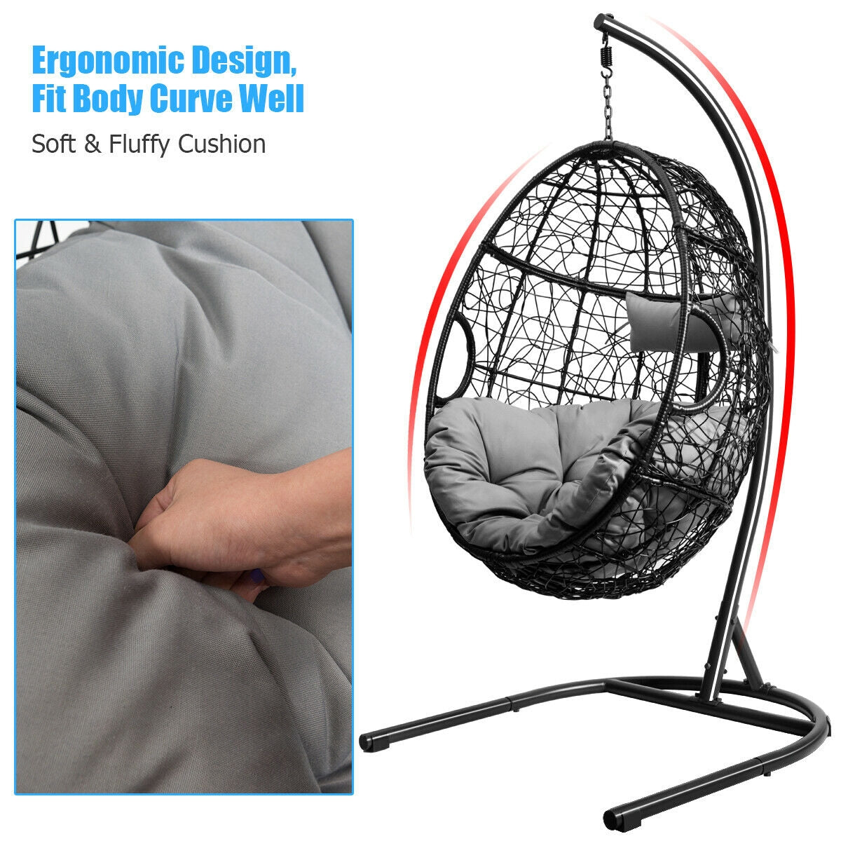 Hanging Cushioned Hammock Chair with Stand -Gray, ergonomic design, soft cushion, sturdy frame, ideal for indoor and outdoor relaxation