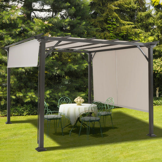 10 x 10 Feet Metal Frame Patio Furniture Shelter-Beige with waterproof canopy and durable steel structure, ideal for backyard gatherings