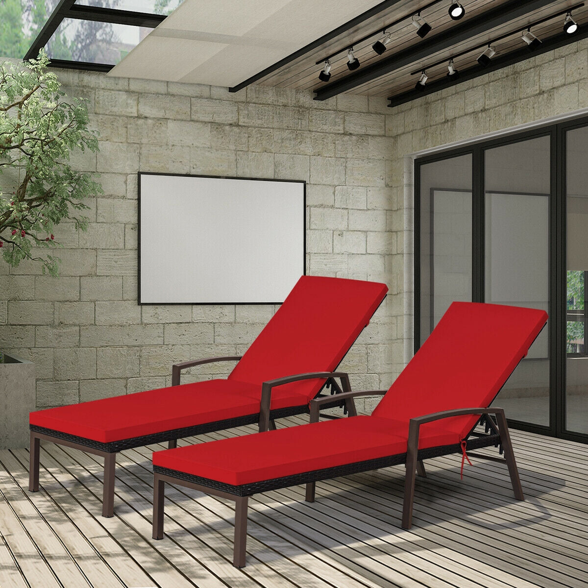 2 Pieces Patio Rattan Adjustable Back Lounge Chair with Armrest and Removable Cushions-Red on modern deck
