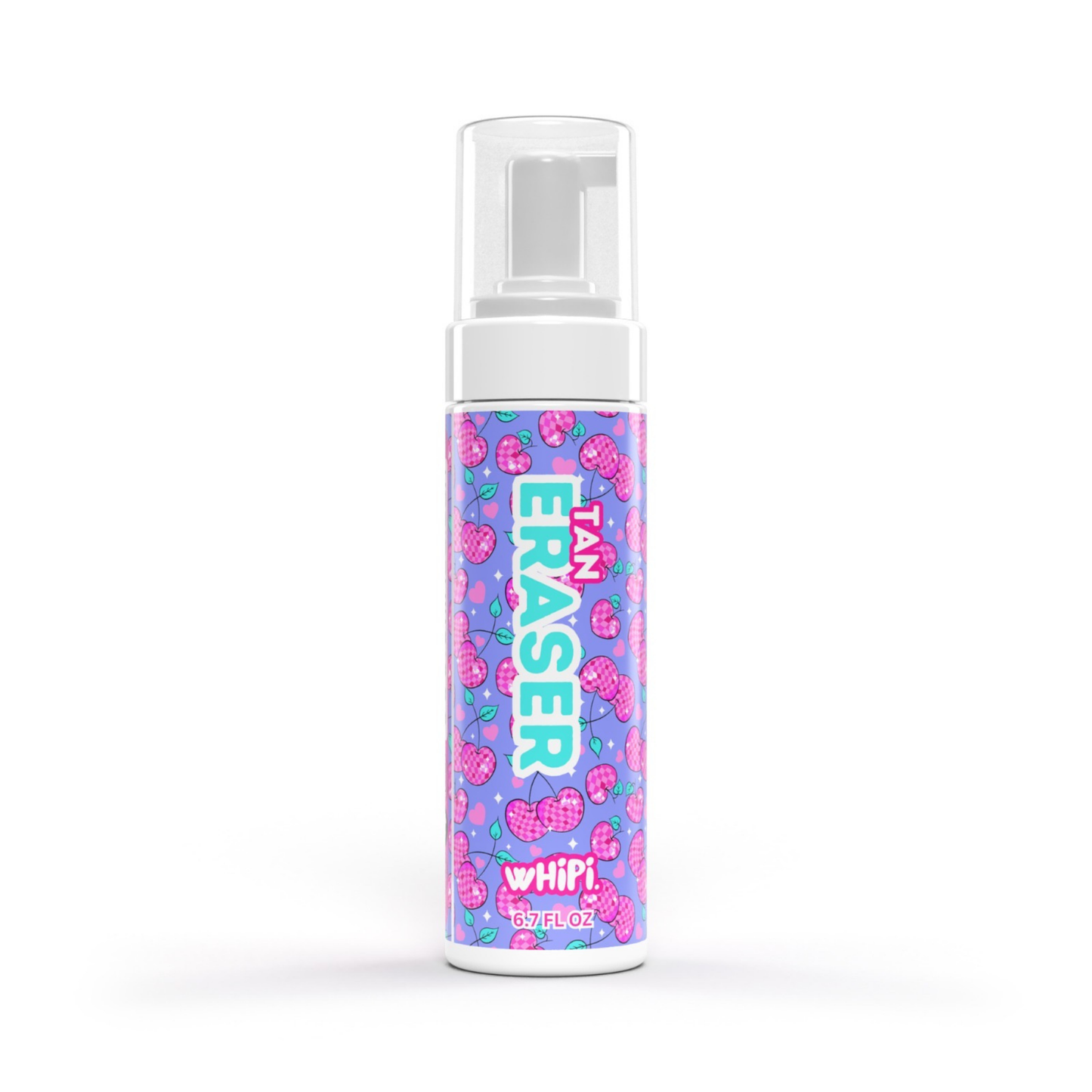 Tan Eraser Mousse bottle with cherry design, fast-acting self-tan remover for fresh skin preparation and smooth application.