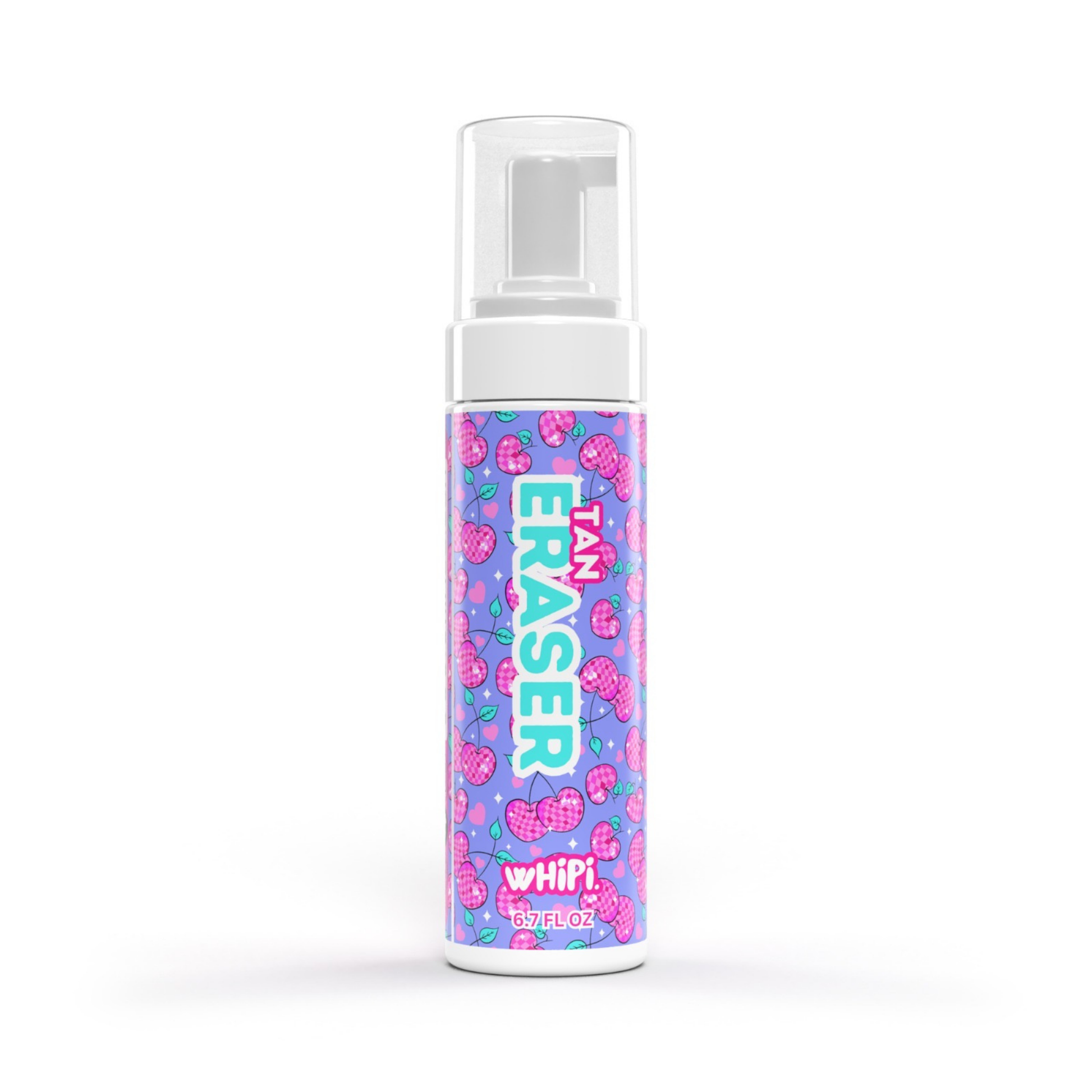 Tan Eraser Mousse bottle with cherry design, fast-acting self-tan remover for fresh skin preparation and smooth application.