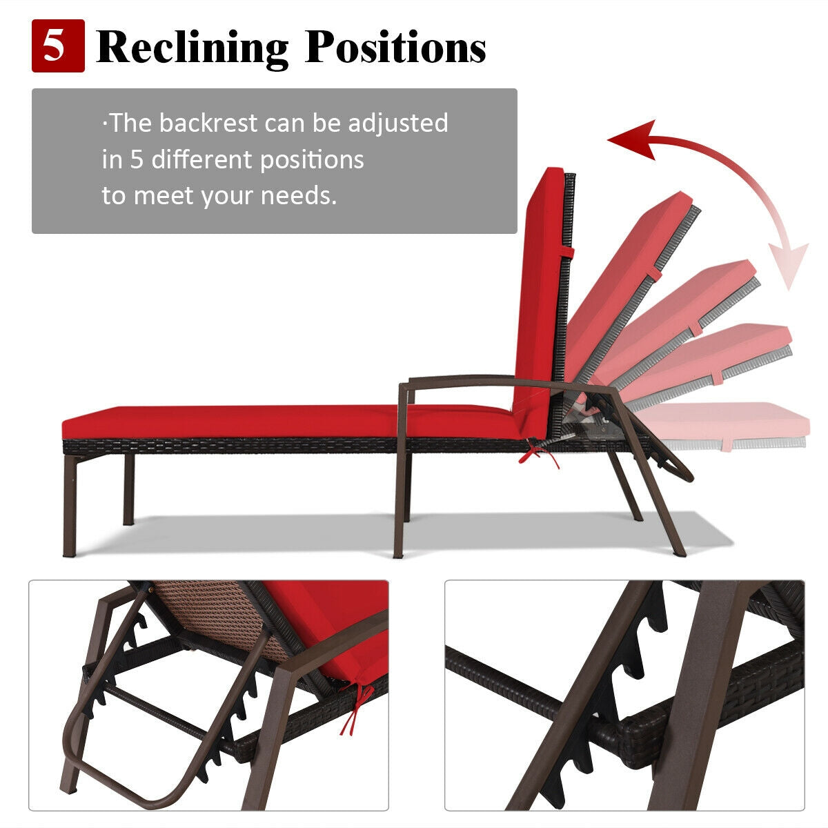 Patio Rattan Lounge Chaise Recliner with Back Adjustable Cushioned-Red, showcasing 5 reclining positions for comfort.