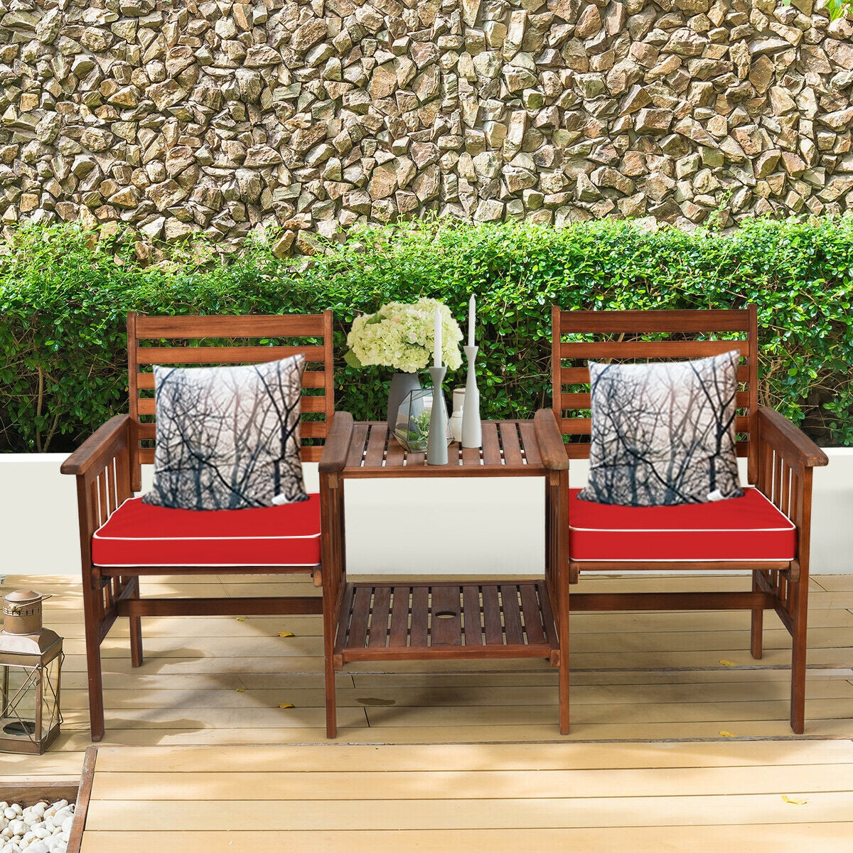 3 pcs Outdoor Patio Table Chairs Set Acacia Wood Loveseat-Red with cushions and coffee table in garden setting