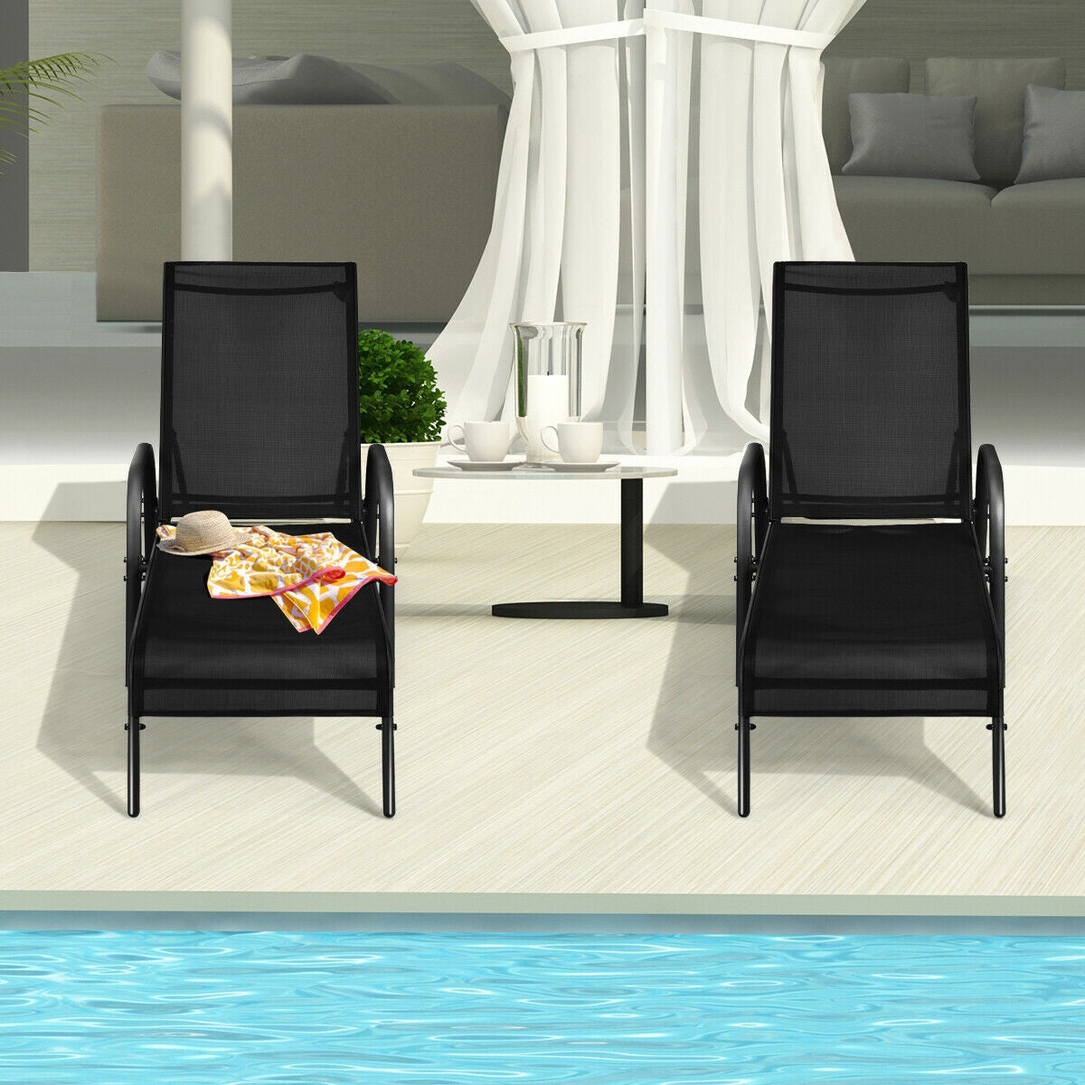 2 Pcs Outdoor Patio Lounge Chair Chaise Fabric with Adjustable Reclining Armrest by a pool