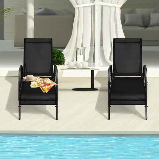 2 Pcs Outdoor Patio Lounge Chair Chaise Fabric with Adjustable Reclining Armrest by a pool