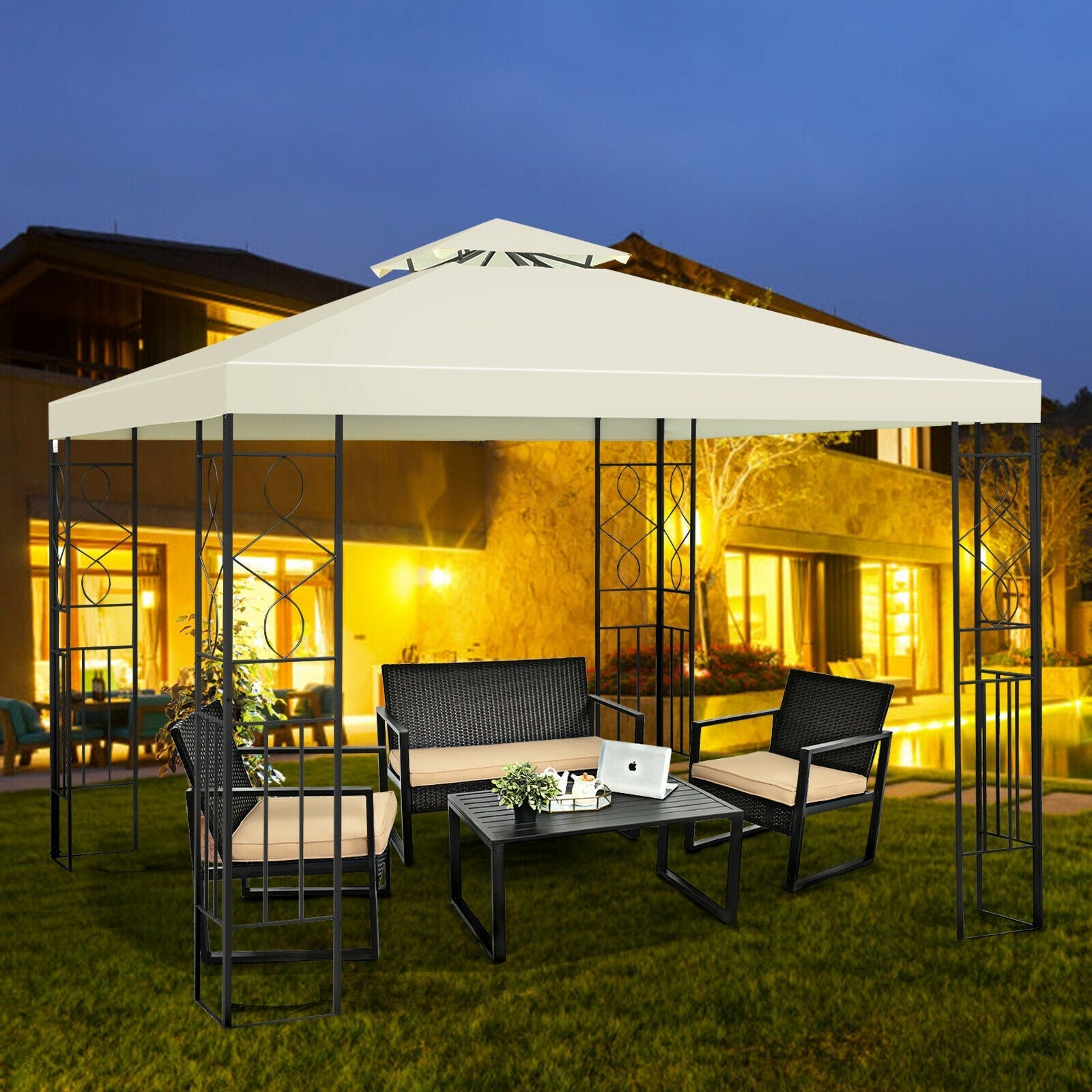 2 Tiers 10 x 10 Feet Patio Gazebo Canopy Tent in a backyard setting with patio furniture at dusk