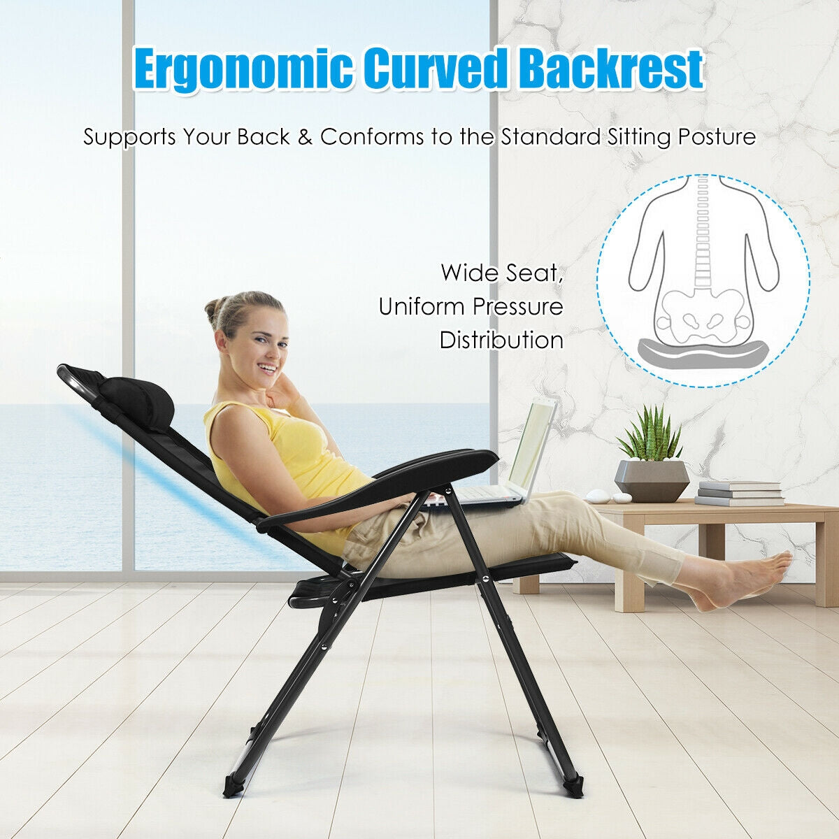 Woman relaxing on 4 Pieces Patio Garden Adjustable Reclining Folding Chairs with Headrest-Black in modern interior space.