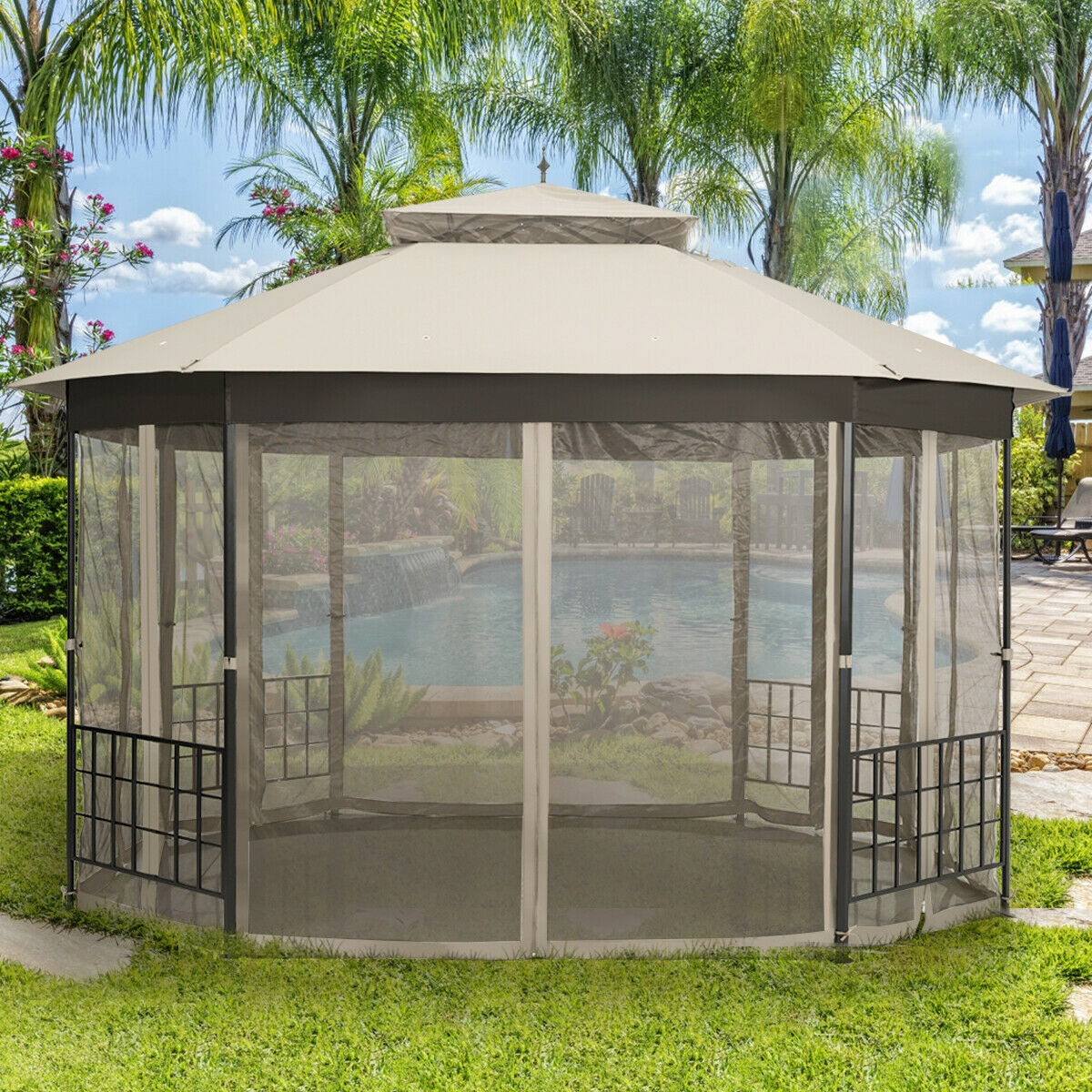 10’x 12’ Octagonal Patio Gazebo-Beige providing shade in a sunny backyard