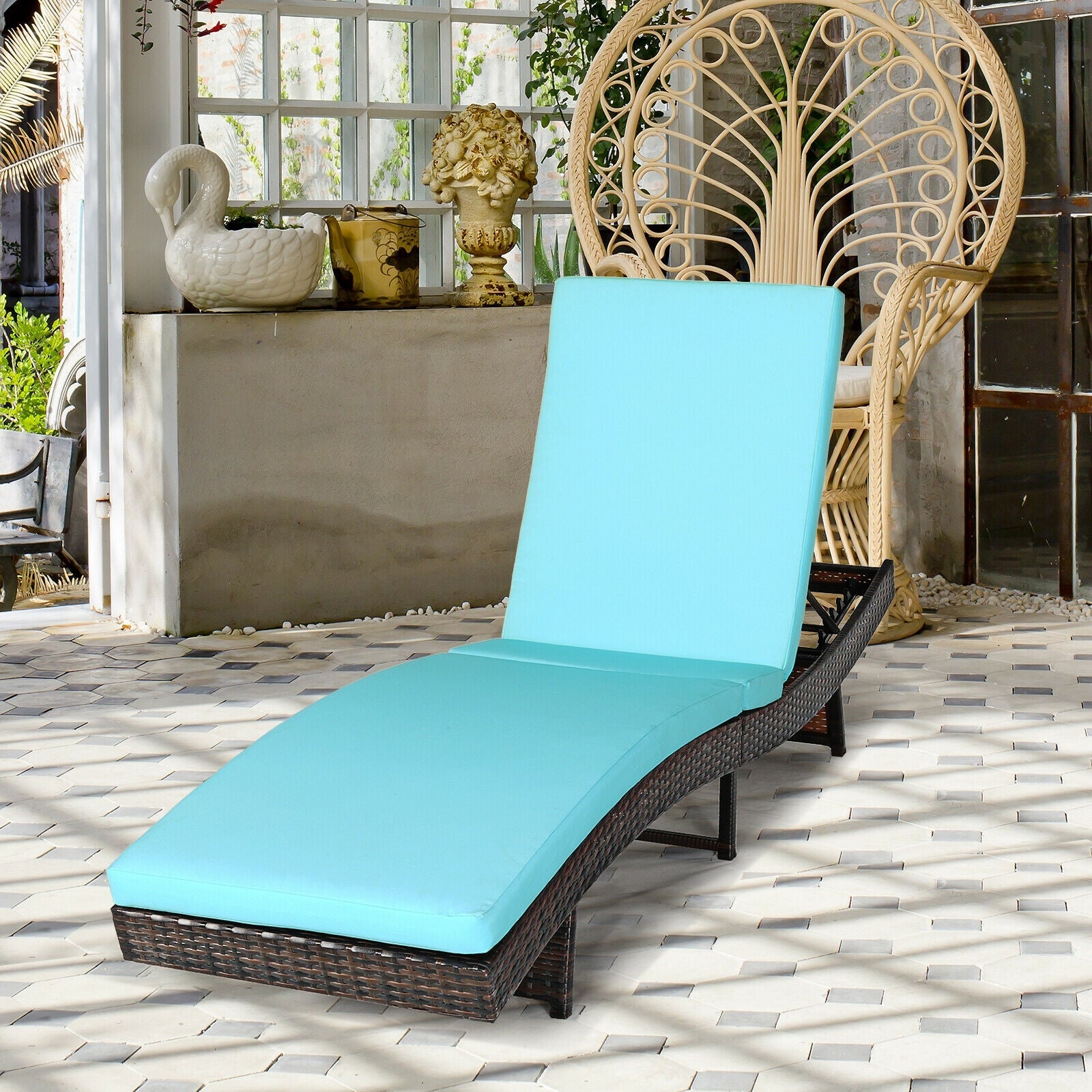 Patio Folding Adjustable Rattan Chaise Lounge Chair with Cushion-Turquoise, ergonomic design with detachable cushion