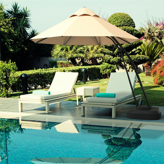 11 Feet Outdoor Cantilever Hanging Umbrella with Base and Wheels-Beige over poolside loungers in outdoor setting