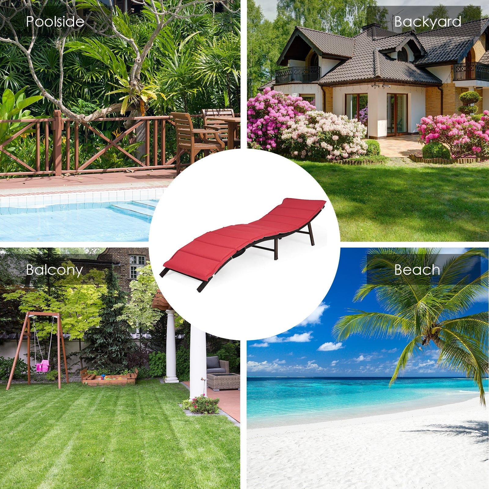 2Pcs Folding Patio Lounger Chair displayed in poolside, backyard, balcony, and beach settings with vibrant red cushions.