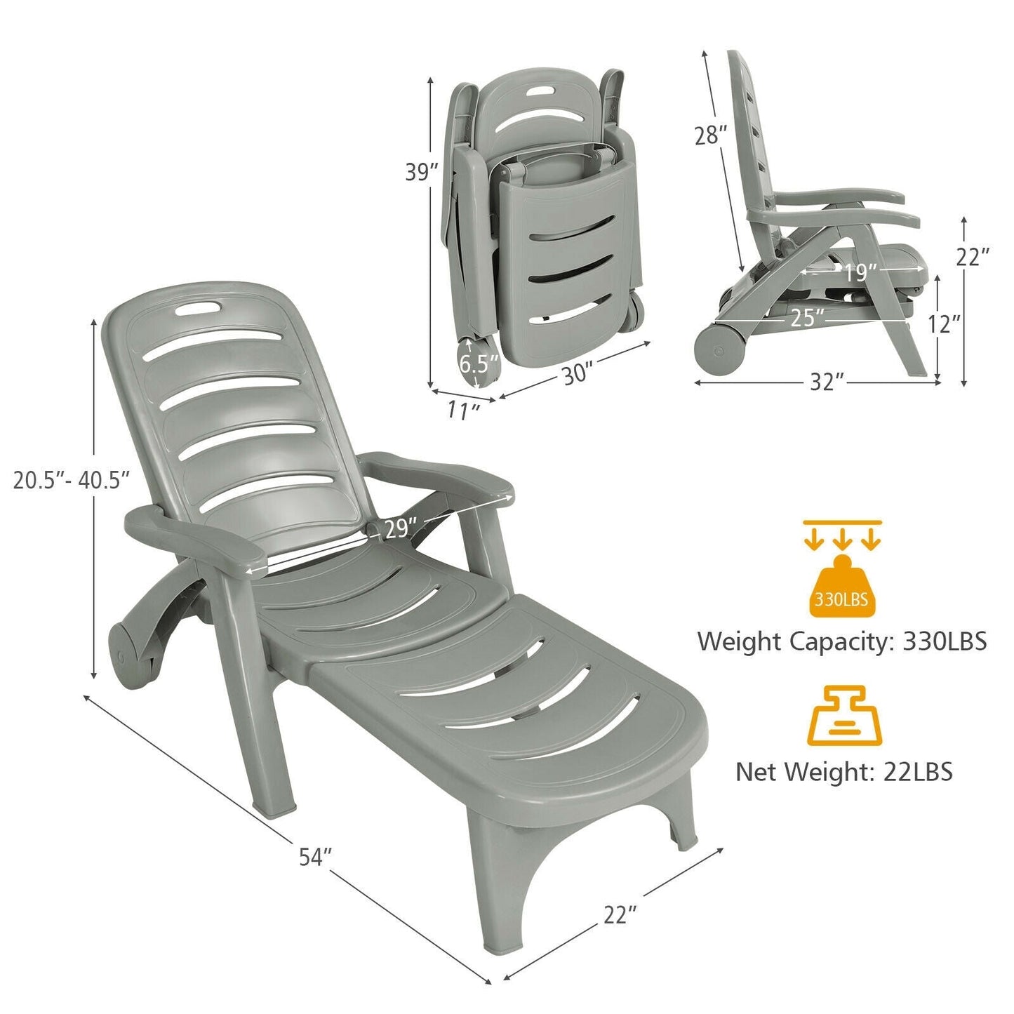 5 Position Adjustable Folding Lounger Chaise Chair-Gray with dimensions, weight capacity 330lbs, and net weight 22lbs