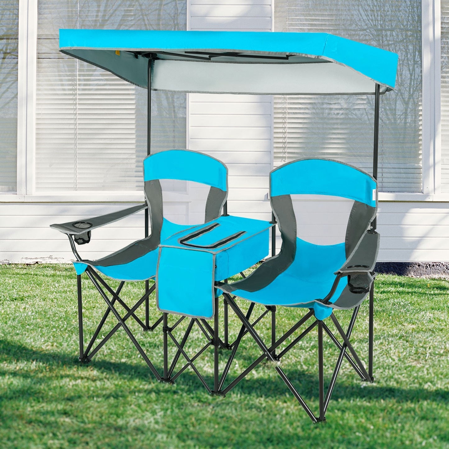 Portable Folding Camping Canopy Chairs with Cup Holder-Blue featuring canopy, cooler bag, and cup holder in a garden setting.