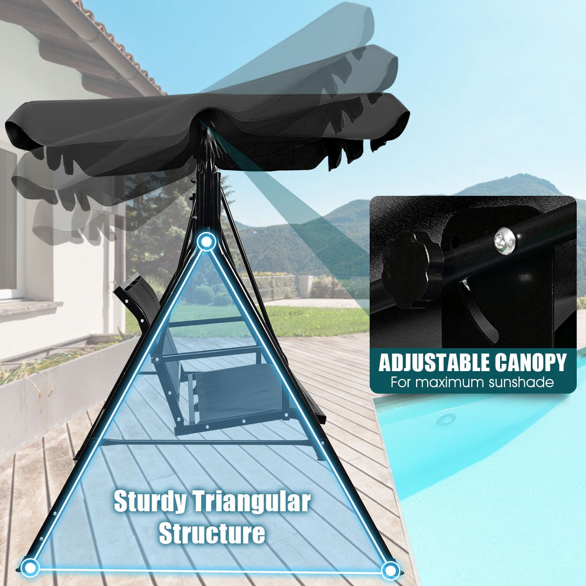 3 Person Patio Swing with Polyester Angle Adjustable Canopy, showing sturdy triangular structure and adjustable canopy features.