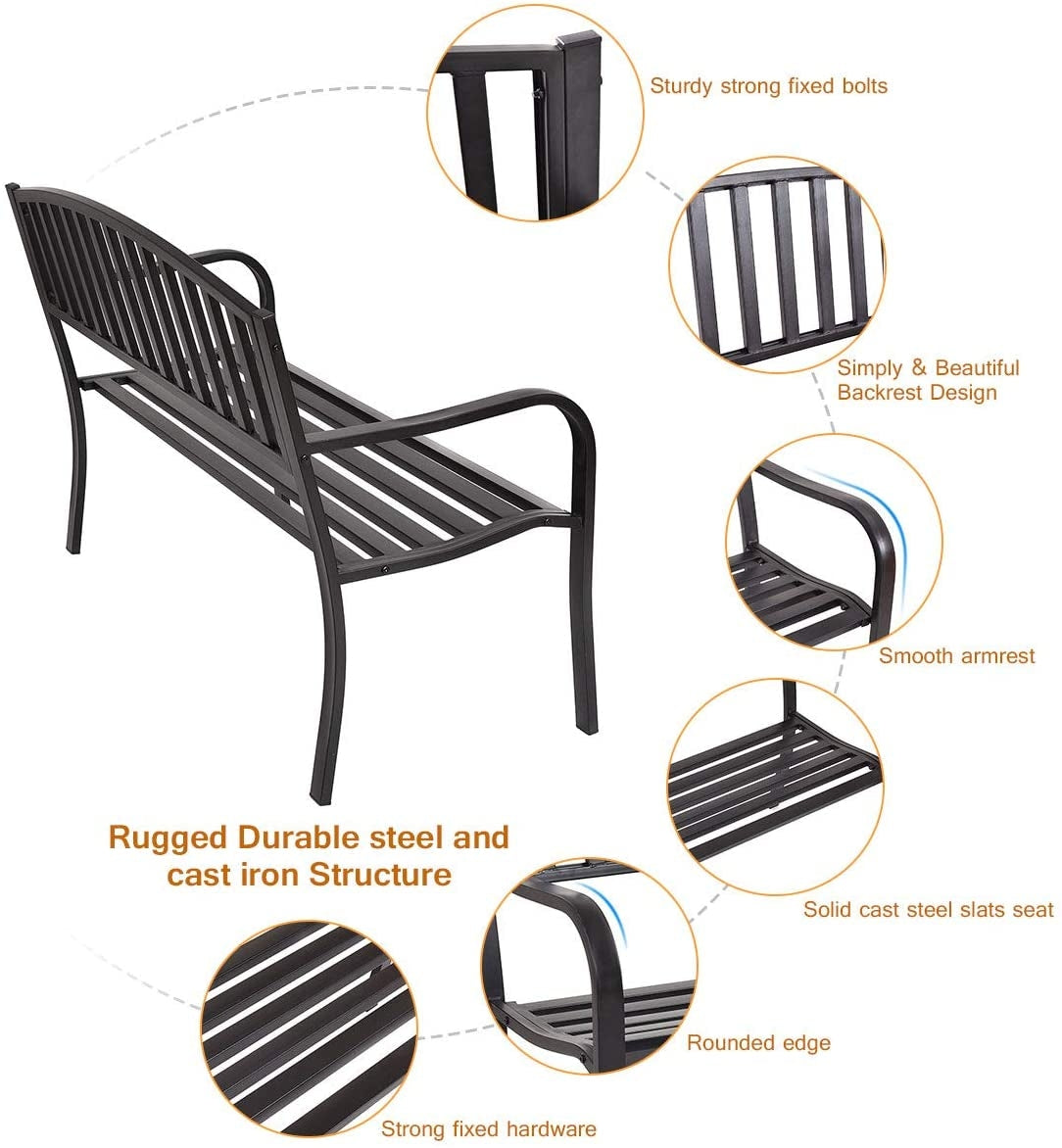 50 Inch Patio Garden Bench Loveseats for Outdoor with steel frame and ergonomic design featuring sturdy bolts and smooth armrest.